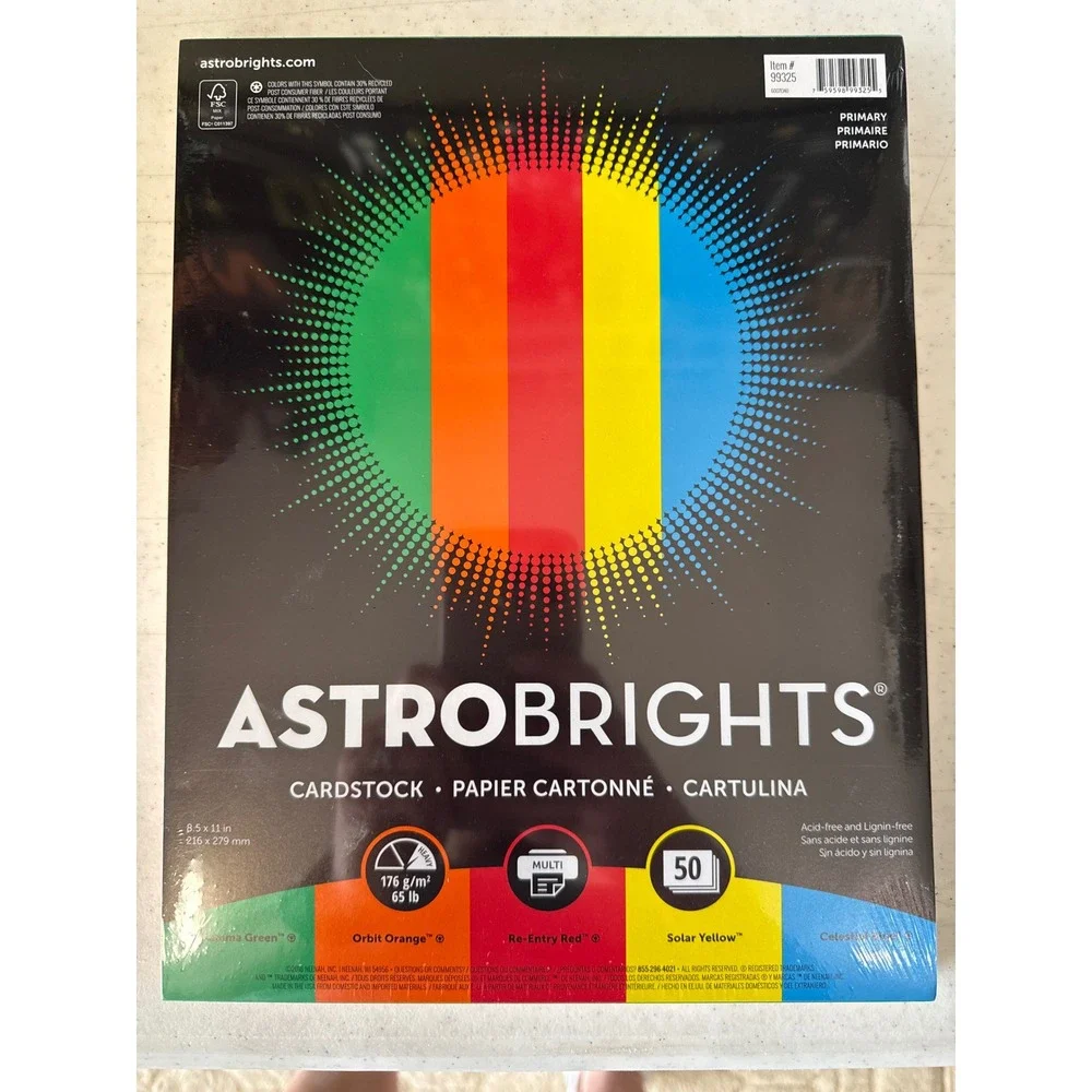 Astrobrights Primary Cardstock 8.5 x 11 65‎ lb 50 Sheets Multi Color 99325